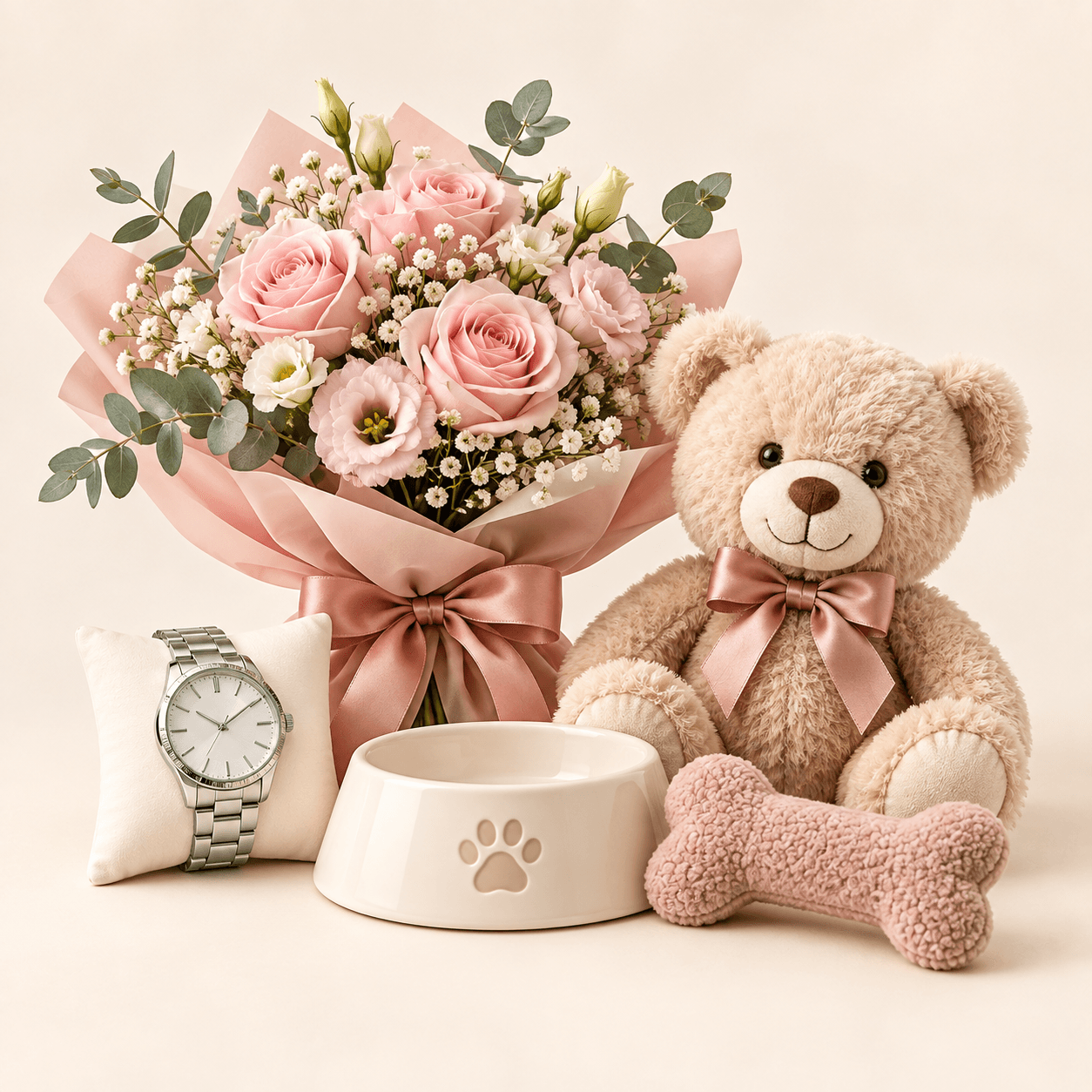 Flowers, a teddy bear, a watch and pet gifts