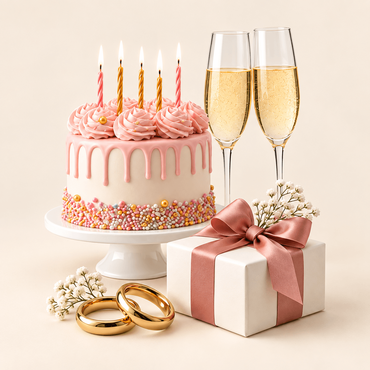 A birthday cake, champagne, a wrapped gift and wedding rings