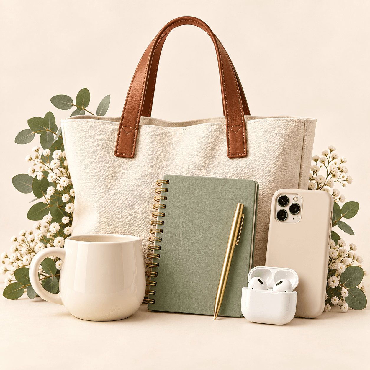 A tote bag, mug, notebook, phone case and earbuds
