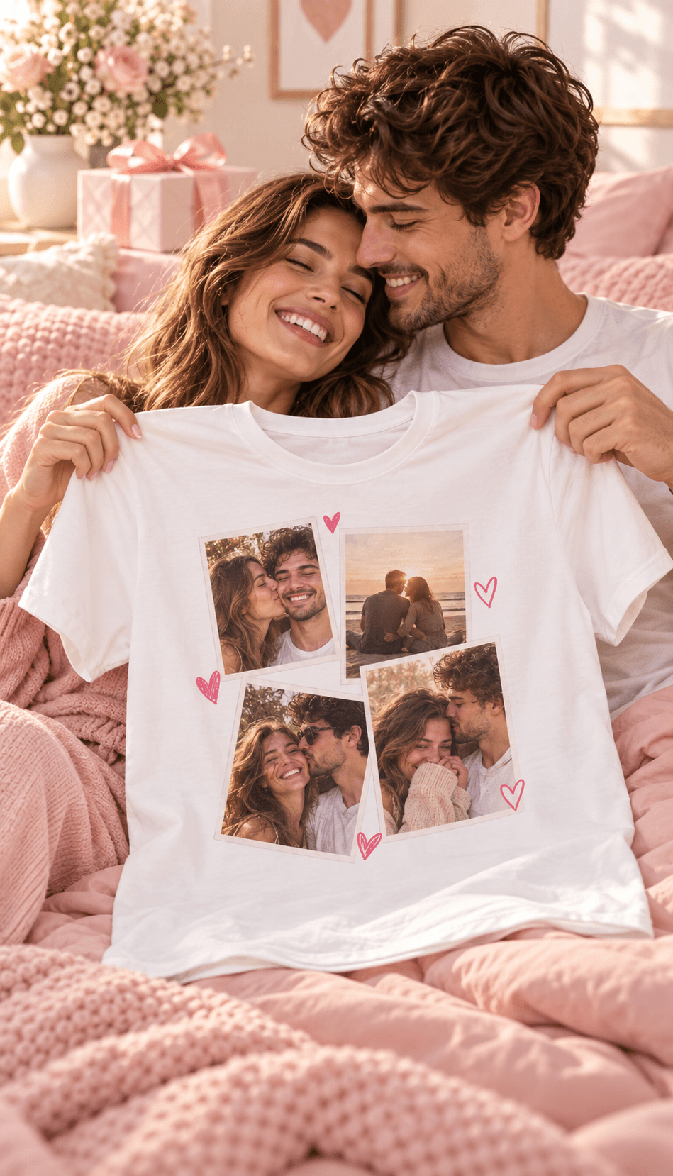 Ein Paar zeigt ein persönliches Foto-T-Shirt