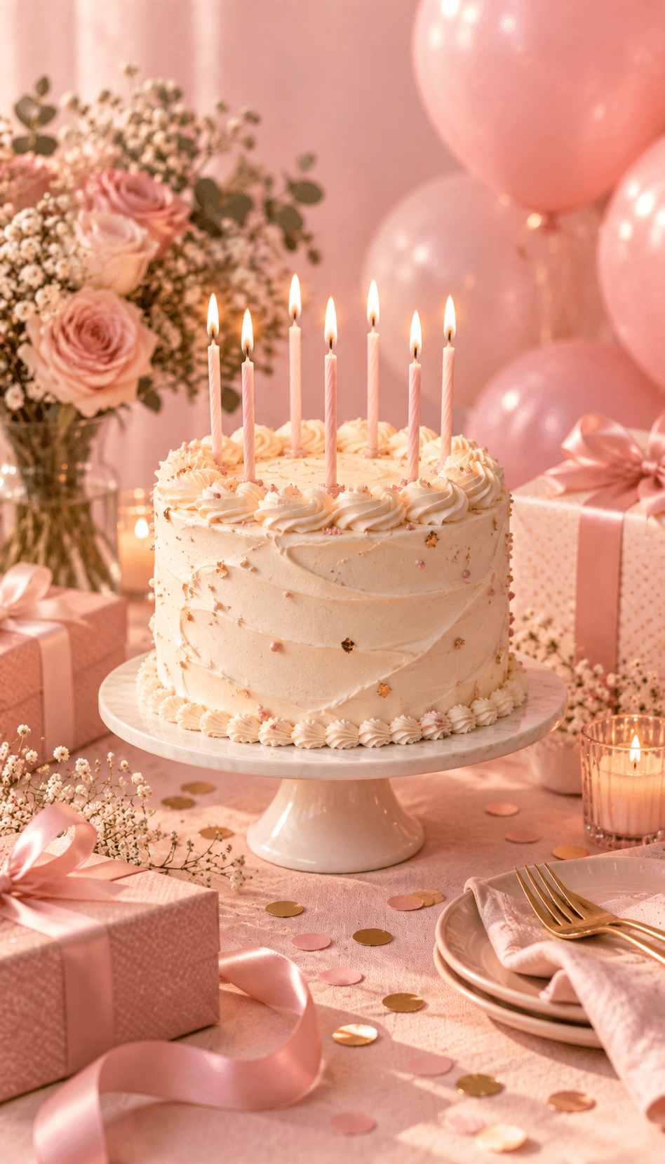 Rosa Geburtstagstorte mit Kerzen und Geschenken