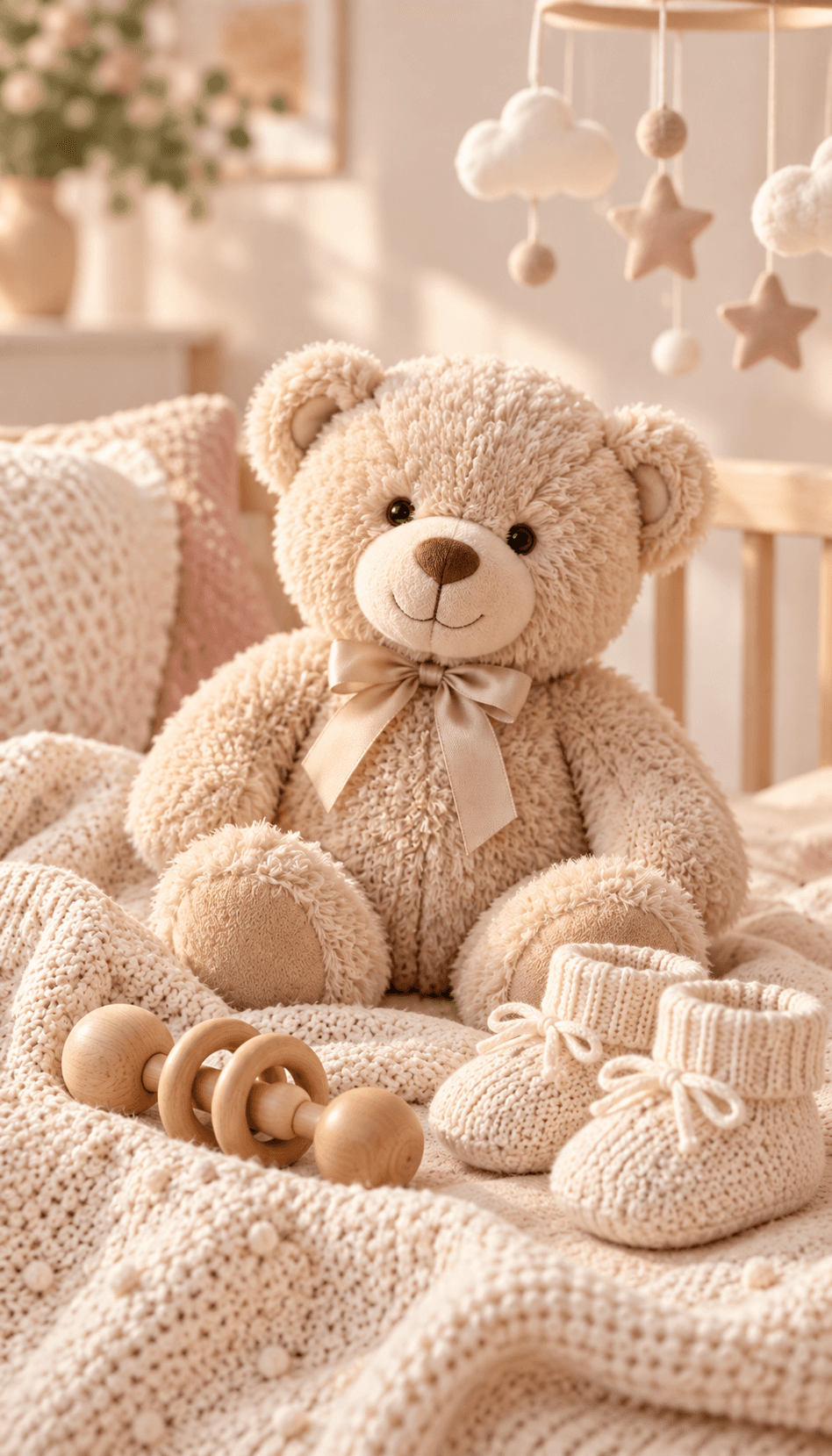 Teddybär, Babyschuhe und gestrickte Decke