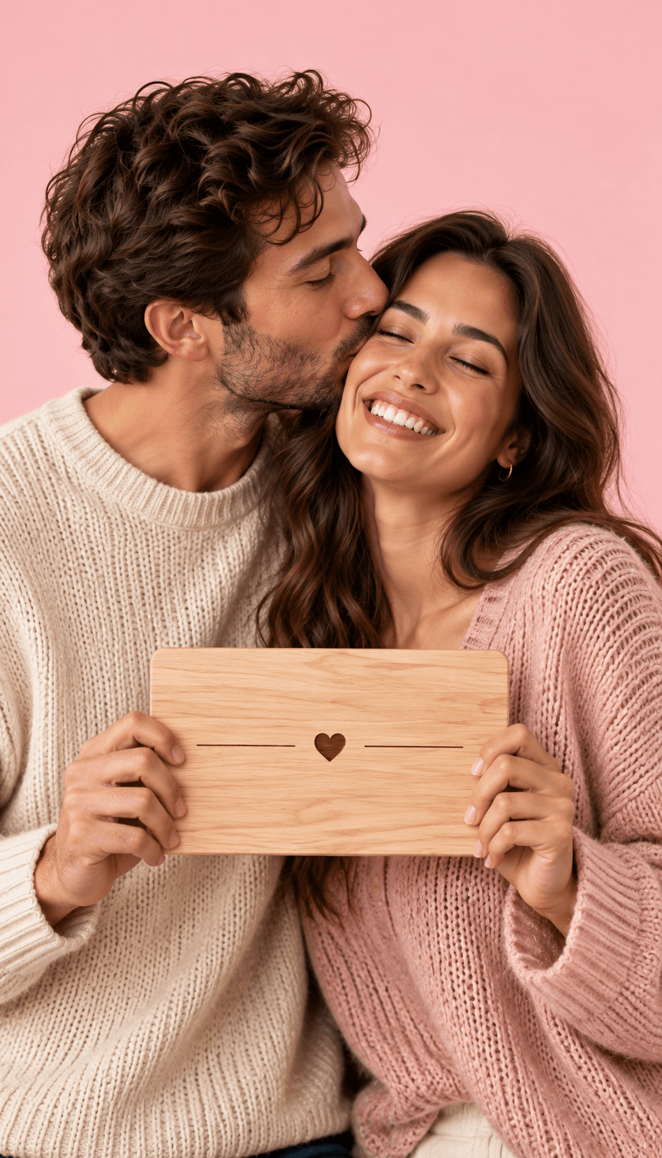Ein Paar hält ein persönliches Andenken aus Holz