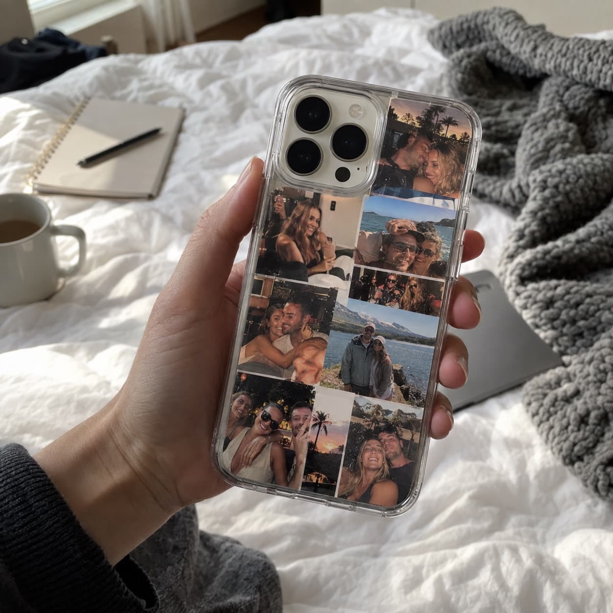 Personalisierte Foto-Handyhülle in einem Schlafzimmer